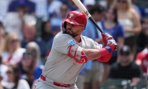 Philadelphia Phillies designated hitter Kyle Schwarber (12) plays during baseball game against the Chicago Cubs, Thursday, April 23, 2026, in Chicago.