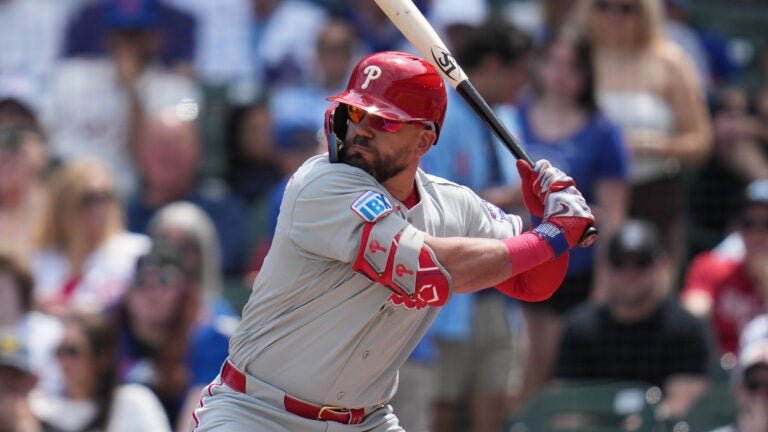 Philadelphia Phillies designated hitter Kyle Schwarber (12) plays during baseball game against the Chicago Cubs, Thursday, April 23, 2026, in Chicago.