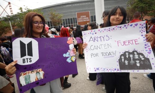 Fans of the Korean K-pop group BTS hold up signs before a concert at the GNP Stadium in Mexico City, Mexico,  May 7.  EPA-Yonhap