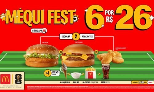 Banner do Méqui Fest 2026 do McDonald’s com a oferta de 6 itens por R$ 26, opções no app e imagem de lanches e bebida.