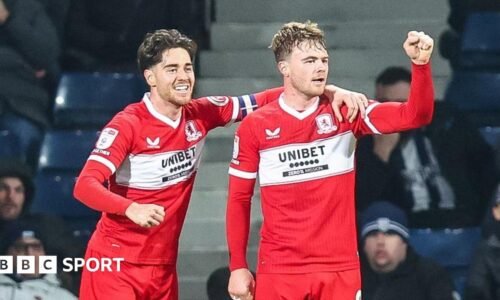 Hayden Hackney, wearing the captain's armband on his left arm, has his left hand on Tommy Conway's left shoulder. Conway has his left fist clenched after Middlesbrough had scored.