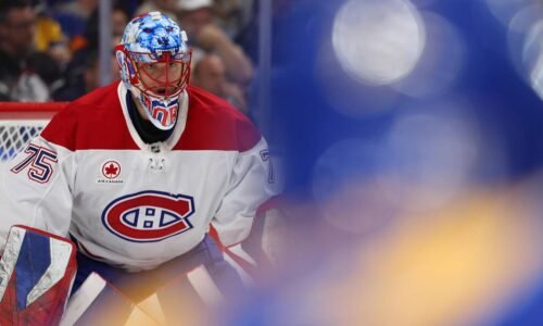 May 8, 2026; Buffalo, New York, USA; Montréal Canadiens goaltender Jakub Dobes (75) waits for the face-off during the second period against the Buffalo Sabres in game two of the second round of the 2026 Stanley Cup Playoffs at KeyBank Center. Mandatory Credit: Timothy T. Ludwig-Imagn Images