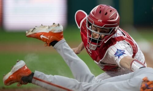 Philadelphia Phillies catcher Garrett Stubbs attempts to tag San Francisco Giants’ Casey Schmitt as he scores a run in the fifth inning of the second game of a doubleheader on Thursday, April 30, 2026, at Citizens Bank Park in Philadelphia.