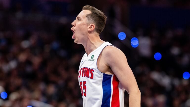 May 1, 2026; Orlando, Florida, USA; Detroit Pistons forward Duncan Robinson (55) celebrates his three pointer agains the Orlando Magic in the fourth quarter during game six of the first round of the 2026 NBA Playoffs at Kia Center. Mandatory Credit: Jeremy Reper-Imagn Images