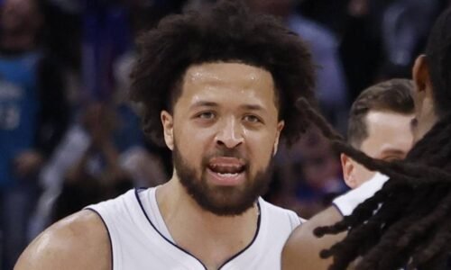 Detroit Pistons guard Daniss Jenkins (24) receives congratulations from guard Cade Cunningham (2) during the second half against the Orlando Magic during game seven of the first round of the 2026 NBA Playoffs at Little Caesars Arena on May 3, 2026.