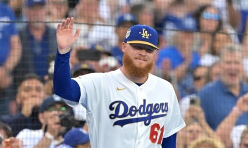 Mar 27, 2026; Los Angeles, California, USA; Los Angeles Dodgers pitcher Will Klein (61) waves during the World Series ring ceremony before the game against the Arizona Diamondbacks at Dodger Stadium. Mandatory Credit: Jayne Kamin-Oncea-Imagn Images