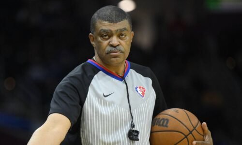 Feb 28, 2022; Cleveland, Ohio, USA; NBA referee Tony Brothers (25) stands on the court in the third quarter of a game between the Cleveland Cavaliers and the Minnesota Timberwolves at Rocket Mortgage FieldHouse. Mandatory Credit: David Richard-Imagn Images
