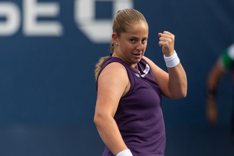 Jelena Ostapenko celebrates a point against Taylor Townsend at the 2025 US Open.