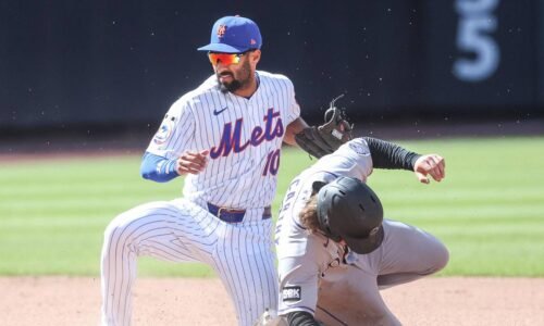 Apr 26, 2026; New York City, New York, USA;  New York Mets second baseman Marcus Semien (10) tags out Colorado Rockies center fielder Jake McCarthy (31) in the seventh inning at Citi Field. Mandatory Credit: Wendell Cruz-Imagn Images