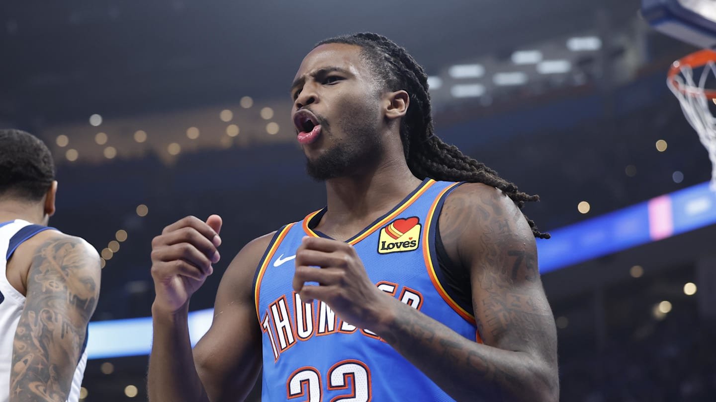 Jan 23, 2025; Oklahoma City, Oklahoma, USA; Oklahoma City Thunder guard Cason Wallace (22) reacts to an officials call after a play against the Dallas Mavericks during the first quarter at Paycom Center. Mandatory Credit: Alonzo Adams-Imagn Images