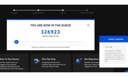 Screenshot: Ticketmaster queue showing more than 300,000 users in "line"