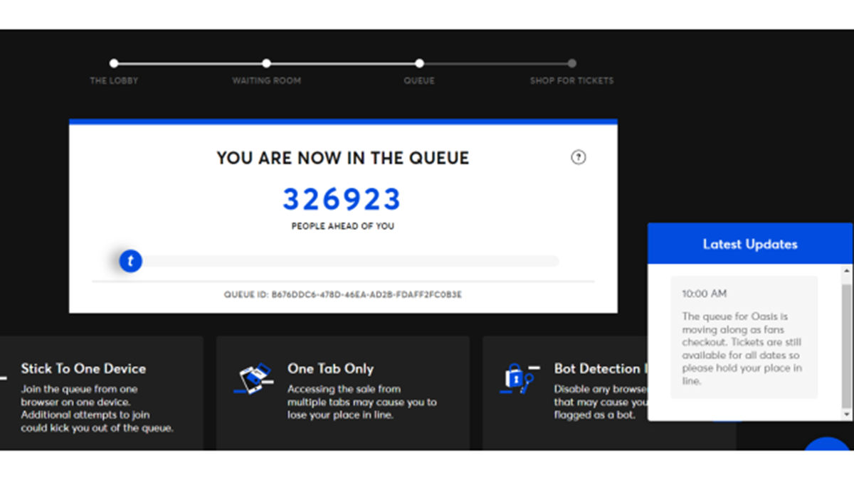 Screenshot: Ticketmaster queue showing more than 300,000 users in "line"
