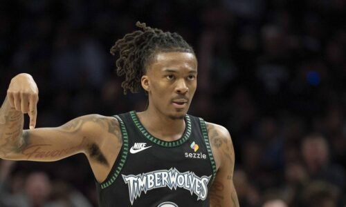 Apr 30, 2026; Minneapolis, Minnesota, USA; Minnesota Timberwolves guard Bones Hyland (8) celebrates making a shot against the Denver Nuggets in the first half during game six of the first round of the 2026 NBA Playoffs at Target Center. Mandatory Credit: Jesse Johnson-Imagn Images