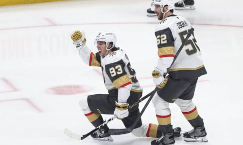 Golden Knights right wing Mitch Marner (93) celebrates his goal against the Anaheim Ducks durin ...
