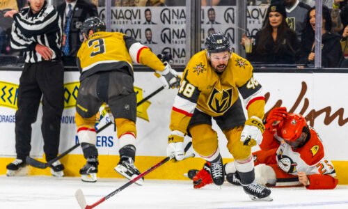 Golden Knights defenseman Brayden McNabb (3) collides into Anaheim Ducks center Ryan Poehling ( ...