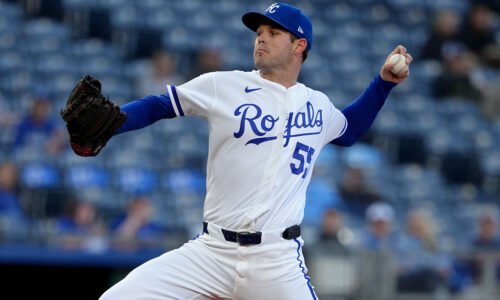 KANSAS CITY, MISSOURI - MAY 06: Starting pitcher Cole Ragans #55 of the Kansas City Royals throws a pitch against the Cleveland Guardians in the first inning at Kauffman Stadium on May 06, 2026 in Kansas City, Missouri. (Photo by Ed Zurga/Getty Images)