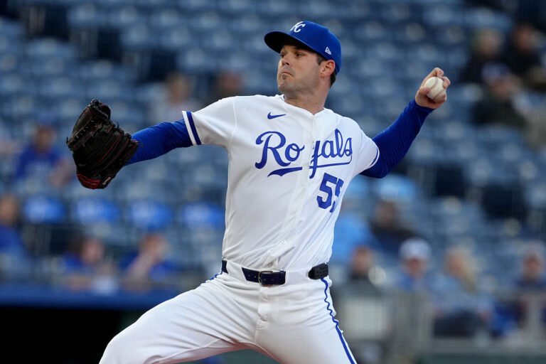 KANSAS CITY, MISSOURI - MAY 06: Starting pitcher Cole Ragans #55 of the Kansas City Royals throws a pitch against the Cleveland Guardians in the first inning at Kauffman Stadium on May 06, 2026 in Kansas City, Missouri. (Photo by Ed Zurga/Getty Images)