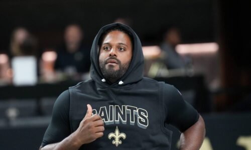 Oct 5, 2025; New Orleans, Louisiana, USA; New Orleans Saints defensive end Cameron Jordan (94) warms up prior to the game against the New York Giants at Caesars Superdome. Mandatory Credit: Matthew Hinton-Imagn Images