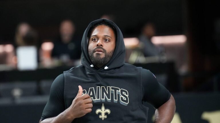 Oct 5, 2025; New Orleans, Louisiana, USA; New Orleans Saints defensive end Cameron Jordan (94) warms up prior to the game against the New York Giants at Caesars Superdome. Mandatory Credit: Matthew Hinton-Imagn Images