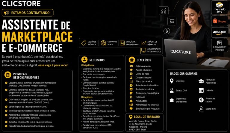 Clicstore contrata Assistente de Marketplace e E-Commerce