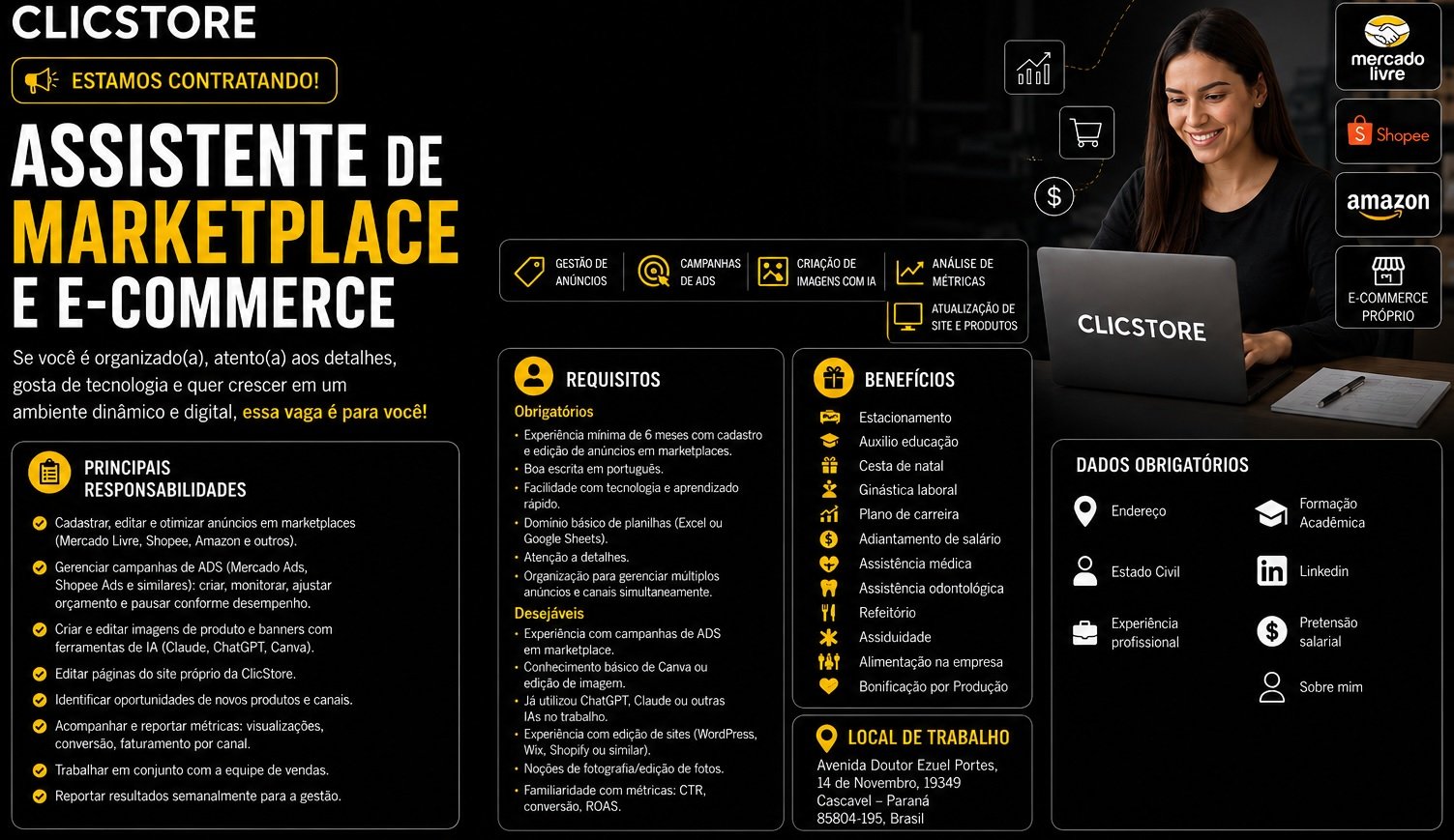 Clicstore contrata Assistente de Marketplace e E-Commerce
