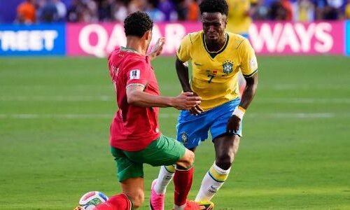 Vini Jr em ação durante Brasil x Marrocos pela Copa do Mundo