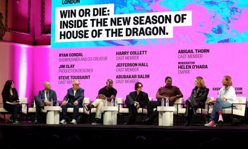 (L-R) Helen O'Hara, Ryan Condal, Jim Clay, Steve Toussaint, Harry Collett, Abubakar Salim, Abigail Thorn and Jefferson Hall speak onstage during the 'Win or Die: Inside the New Season of House of the Dragon' panel discussion during day five of SXSW London 2026 at Shoreditch Town Hall on June 05, 2026 in London, England.