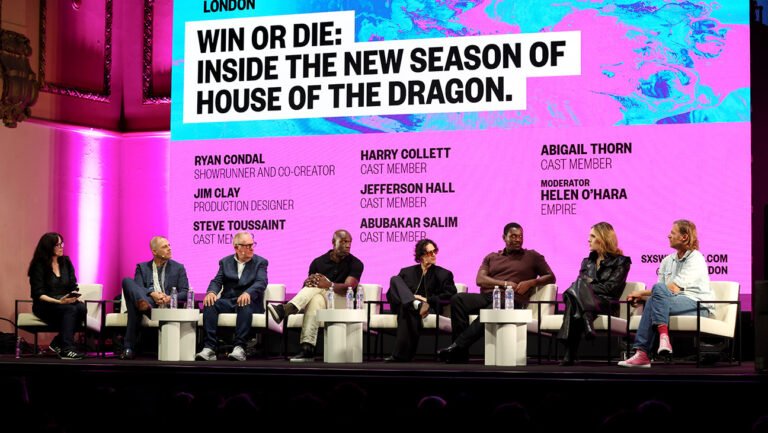 (L-R) Helen O'Hara, Ryan Condal, Jim Clay, Steve Toussaint, Harry Collett, Abubakar Salim, Abigail Thorn and Jefferson Hall speak onstage during the 'Win or Die: Inside the New Season of House of the Dragon' panel discussion during day five of SXSW London 2026 at Shoreditch Town Hall on June 05, 2026 in London, England.