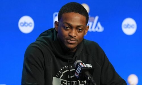 Jun 2, 2026; San Antonio, TX, USA;  San Antonio Spurs guard De'aaron Fox (4) listens to a question during media day for the 2026 NBA Finals at Frost Bank Center. Mandatory Credit: Daniel Dunn-Imagn Images
