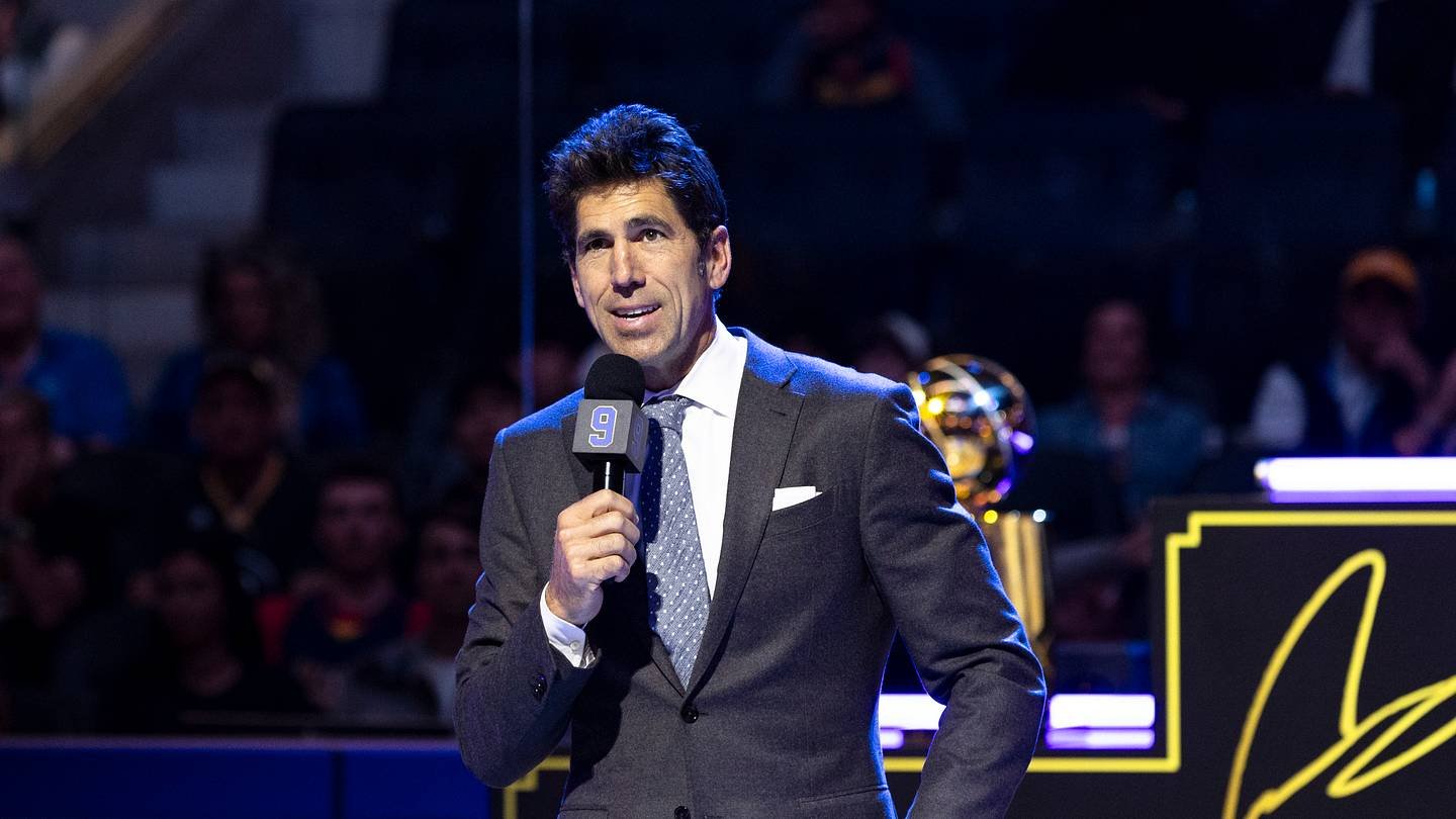 San Francisco, California, USA; Former Golden State Warriors general manager Bob Myers talks during the Andre Iguodala jersey retirement ceremony at Chase Center. Mandatory Credit: John Hefti-Imagn Images