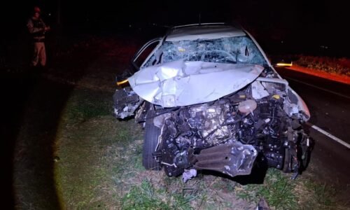Colisão traseira entre caminhão e Fiat Toro é registrada na PR-182, em Palotina