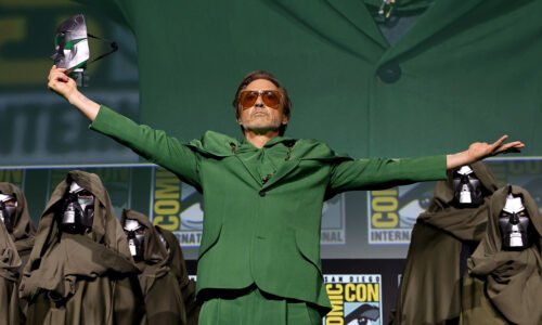 Robert Downey Jr. speaks onstage during the Marvel Studios Panel in Hall H at SDCC in San Diego, California on July 27, 2024.