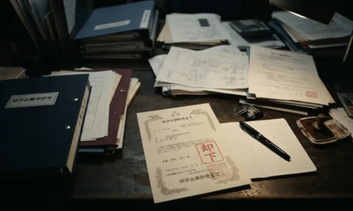 Japanese patent office documents with rejection stamp on desk in dramatic lighting