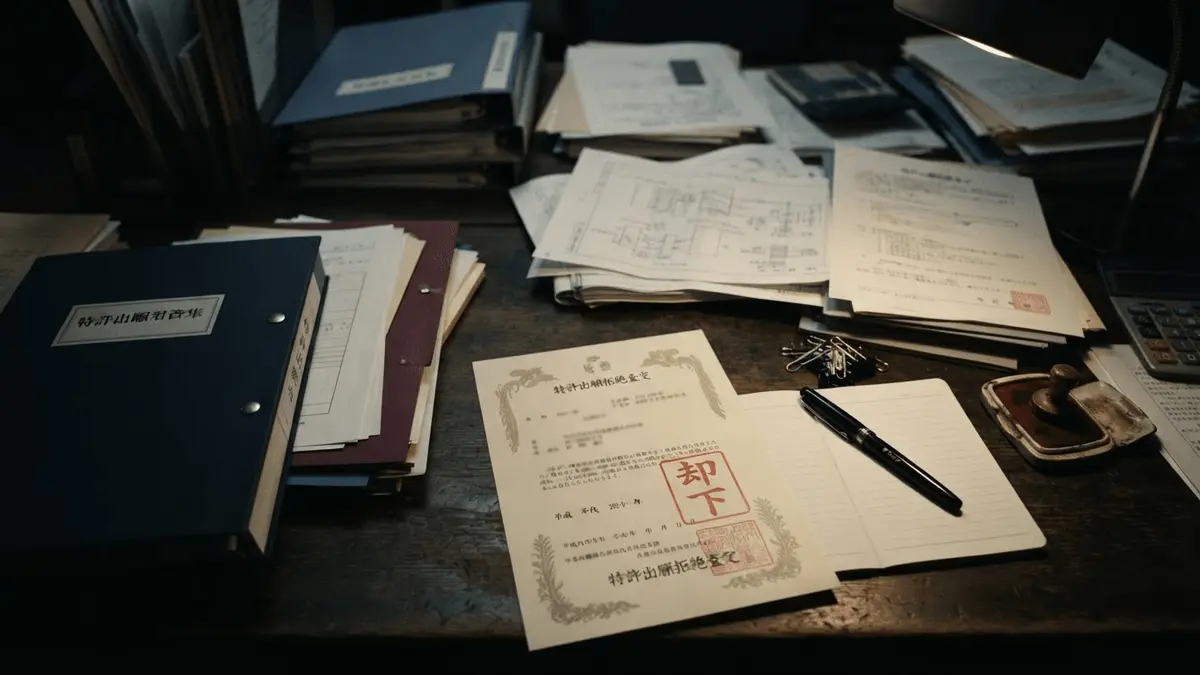 Japanese patent office documents with rejection stamp on desk in dramatic lighting