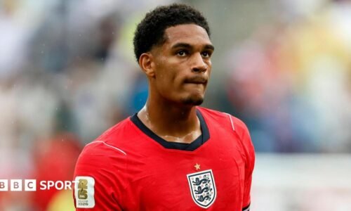 England right-back Jarell Quansah playing against Panama in a 2026 World Cup group stage match