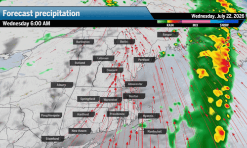 Scattered showers and thunderstorms will push across New England during the late morning and linger through the afternoon.