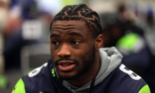 Seattle Seahawks quarterback Jalen Milroe talks to the media
