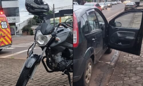 Pancada de moto em porta aberta de carro deixa mulher no chão no São Cristóvão