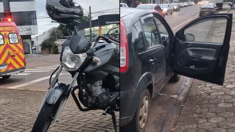Pancada de moto em porta aberta de carro deixa mulher no chão no São Cristóvão