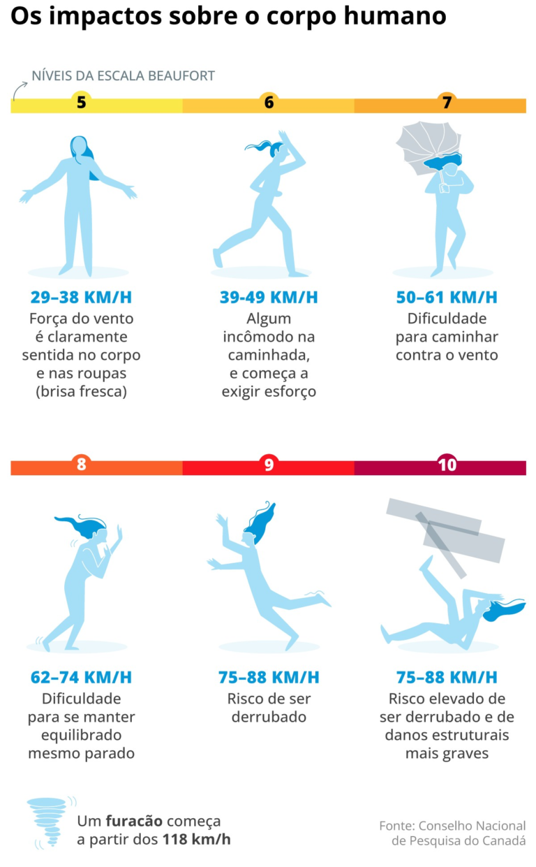 Qual velocidade do vento é capaz de te derrubar? Infográfico mostra impactos das rajadas sobre o corpo humano