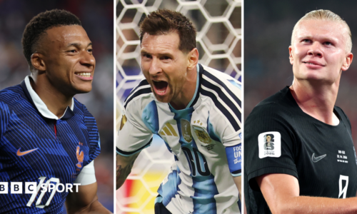 Kylian Mbappe, Lionel Messi and Erling Haaland celebrate scoring for France, Argentina and Norway respectively at the World Cup