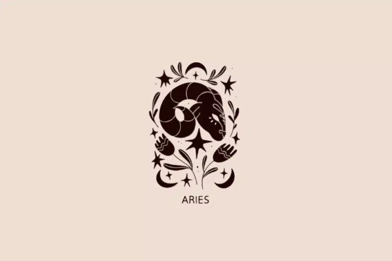 Ilustração do signo de Áries contendo um carneiro com chifres curvos em fundo bege