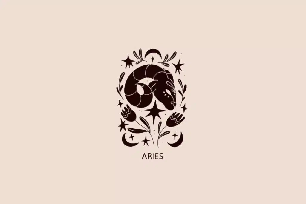 Ilustração do signo de Áries contendo um carneiro com chifres curvos em fundo bege