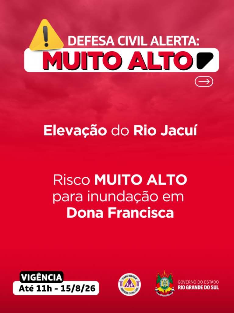 Defesa Civil alerta: INUNDAÇÃO do rio Jacuí. Risco MUITO ALTO de inundação em Dona Francisca
