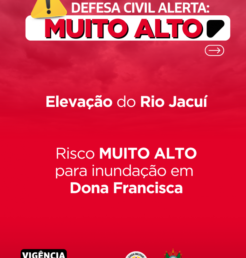 Defesa Civil alerta: INUNDAÇÃO do rio Jacuí. Risco MUITO ALTO de inundação em Dona Francisca