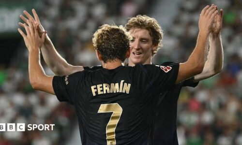 Barcelona's Spanish midfielder #07 Fermin Lopez celebrates with Barcelona's British forward #17 Anthony Gordon scoring his team's fourth goal