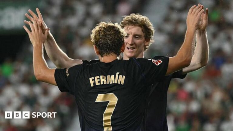 Barcelona's Spanish midfielder #07 Fermin Lopez celebrates with Barcelona's British forward #17 Anthony Gordon scoring his team's fourth goal
