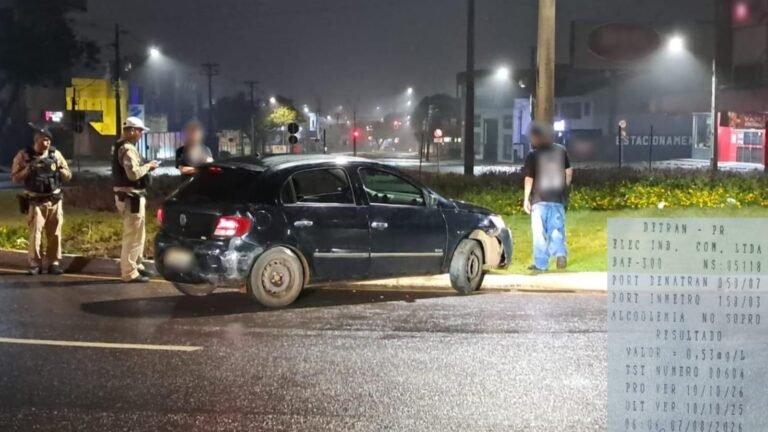 Embriagado e com CNH cassada, motorista colide contra rotatória e acaba preso durante a madrugada em Cascavel