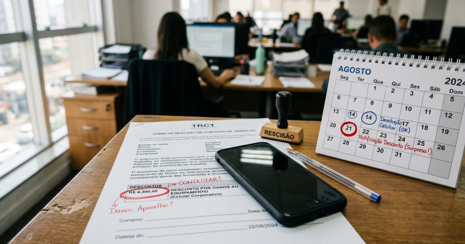 Funcionário pede demissão, devolve celular corporativo e empresa retém R$ 4.300 da rescisão alegando riscos encontrados na tela dias depois