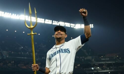 Aug 5, 2026; Seattle, Washington, USA; Seattle Mariners center fielder Julio Rodriguez (44) celebrates defeating the Detroit Tigers at T-Mobile Park. Mandatory Credit: Steven Bisig-Imagn Images